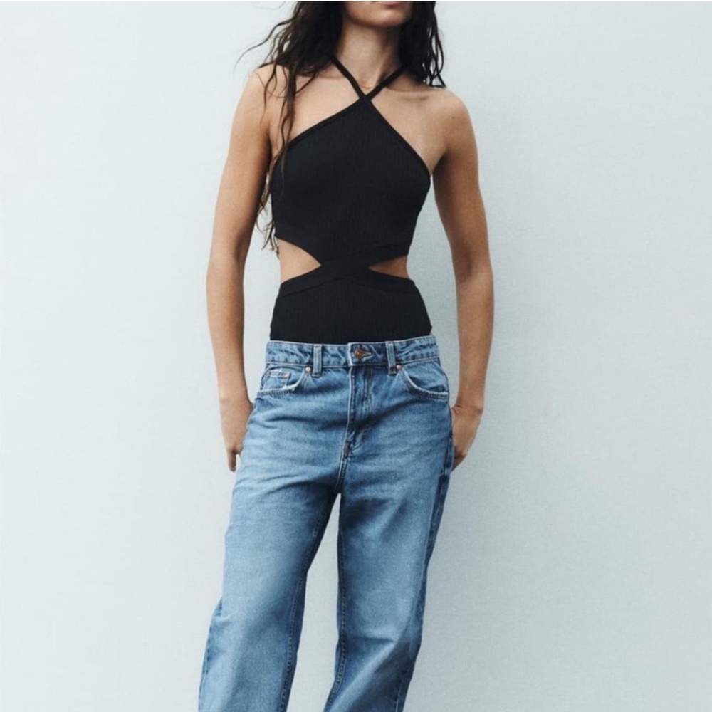 NWOT Zara Black Ribbed Cutout Halter Neck Bodysuit, Size Small